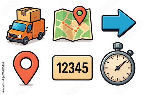 Delivery service elements for tracking and logistics management. Set of 6 vector illustration
