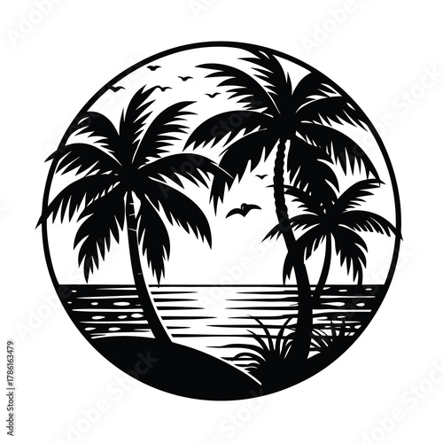 Black silhouette of tropical paradise, palm trees, wave, circle frame