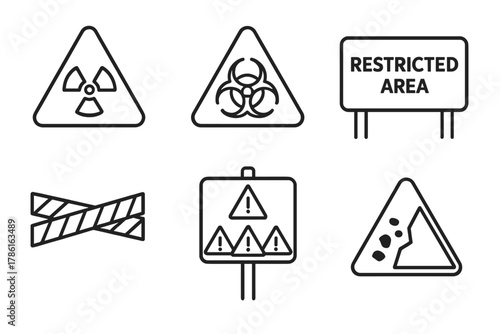 Disaster Zone Icons. Line style icons of disaster zone signage: radiation hazard triangle, biohazard warning sign, “restricted