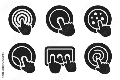 Interactive Dining Icons. Solid style icons of interactive dishes: dish with ripple button, press-to-taste icon, poke-activated