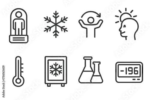 Cryonics Line Icons. Line style icons of Cryonics: Cryo Pod, Ice Crystals, Revival Concept, Hopeful Future, Thermometer, Freezing