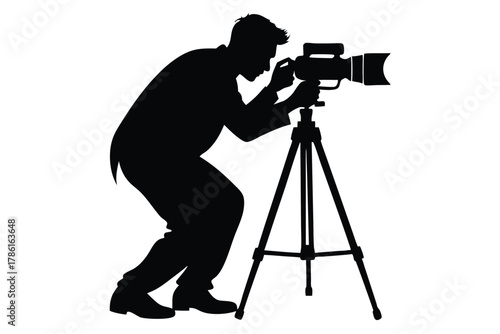 man-taking-photo-using-tripod-black-and-white-silhouette