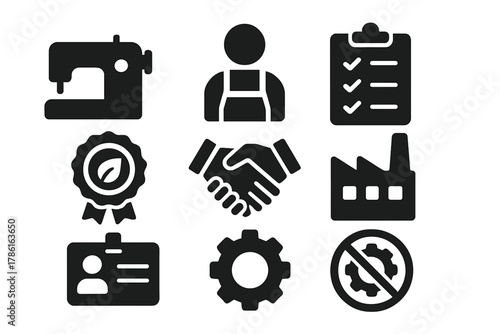 Ethical Production Icons. Solid style icons of ethical production: sewing machine, worker figure, clipboard checklist, fair trade