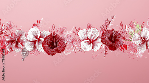 Tropical hibiscus flower garland, pink floral border, red blossom, summer vibe