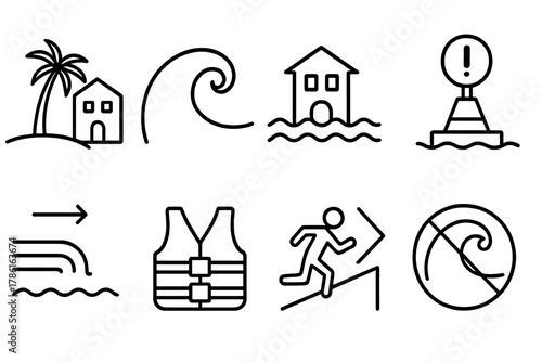 Tsunami Safety Icons. Line style icons of Tsunami Coastal Area: Palm Tree, Coastal Building, Wave, Inundation Zone, Warning Buoy,