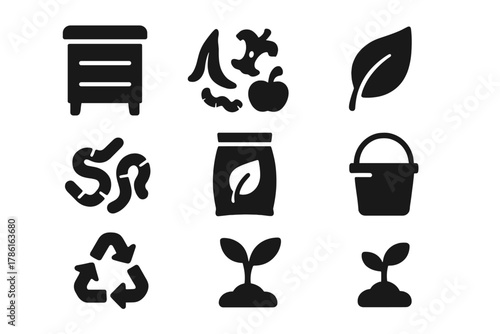 Composting Icon Set. Solid style icons of composting: compost bin, food scraps, leaf, worms, soil bag, bucket, recycling arrows,
