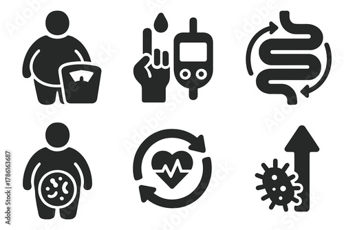 Metabolic Health Icons. Solid style icons of FMT for metabolic conditions: weight balance scale, sugar regulation icon,