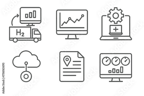 Hydrogen Truck Telemetry Icons. Line style icons of hydrogen truck telemetry: onboard data stream, real-time fuel graph, remote