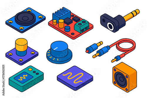 Robotics Audio Components. Isometric vector illustration set Robotics kits – speaker module, amplifier board, audio jack;