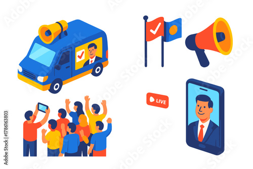 Election Campaign Van. Isometric vector illustration set Voting and elections – campaign van, loudspeaker on roof, flags; side