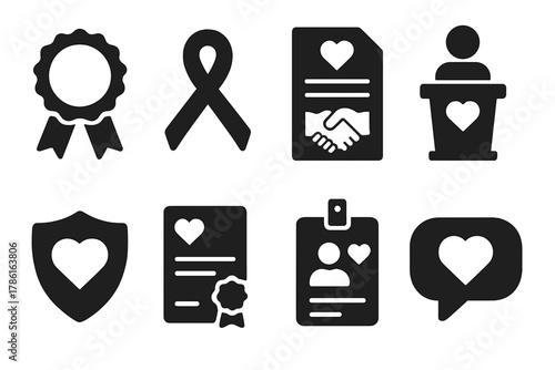 Nonprofit Icon Set. Solid style icons of nonprofit organizations: badge, ribbon, agreement paper, podium, shield, certificate, ID
