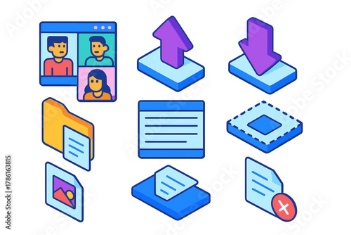 Virtual Meeting Icons. Isometric vector illustration set Virtual meetings – file sharing pane, upload icon, download icon; shared