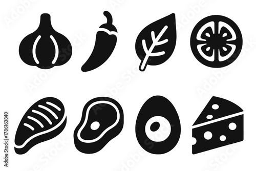 Solid Ingredient Icons. Solid style icons of Ingredient Icons: garlic bulb, chili pepper, basil leaf, tomato slice, fish fillet,