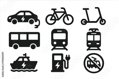 Eco Transport Icons. Solid style icons of Eco Transport: electric car, bicycle, scooter, bus, train, tram, electric ferry,