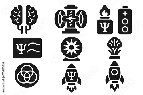 Psi-Fusion Engine Icons. Solid style icons of psi-fusion engines: dual-core mind processors, hybrid energy-beam coils,