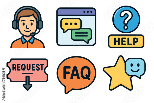 Customer support icons for effective communication and assistance. Set of 6 vector illustration