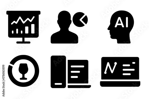 Digital Aging Feedback Icons. Solid style icons of digital aging feedback: real-time taste graph, profile sync chart, bottle