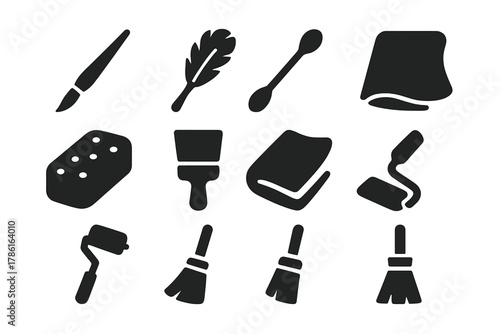 Solid Brush Icons. Solid style icons of delicate brushes: fine brush, feather duster, cotton swab, sponge, paintbrush, cloth,