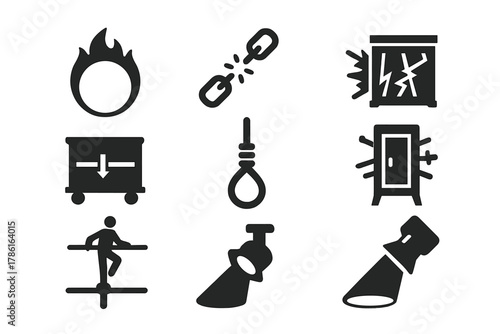 Stage Stunts Icons. Solid style icons of Stage Stunts: fire hoop, chains, collapsing cage, escape box, hanging rope, sword cabinet