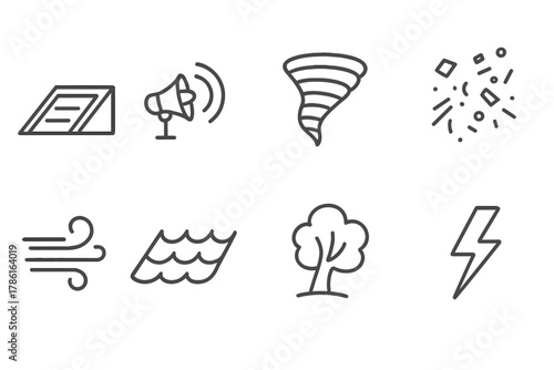 Tornado Safety Icons. Line style icons of Tornado Safety: Storm Cellar, Warning Siren, Funnel Cloud, Debris, Wind, Roof Shingles,