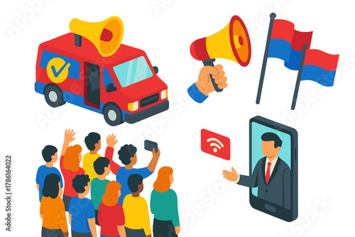Election Campaign Van. Isometric vector illustration set Voting and elections – campaign van, loudspeaker on roof, flags; side