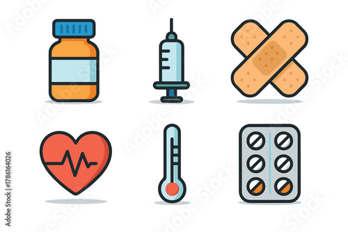 Healthcare essentials for wellness and medical treatment tools. Set of 6 vector illustration