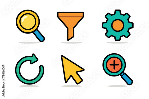 Icons for search, filter, settings, refresh, cursor, zoom. Set of 6 vector illustration