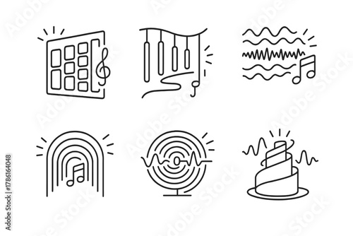 Fusion of Light and Sound. Line style icons of light and sound fusion: light-reactive tone panel, glowing chime path, pulse beam