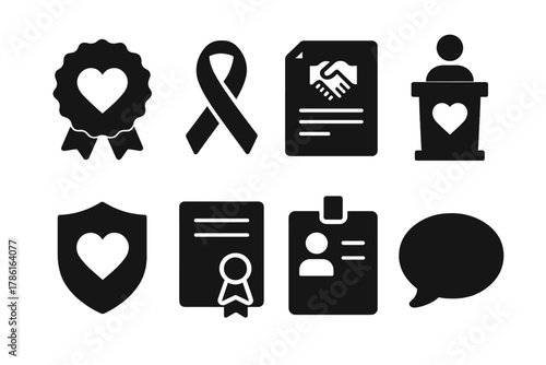Nonprofit Icon Set. Solid style icons of nonprofit organizations: badge, ribbon, agreement paper, podium, shield, certificate, ID