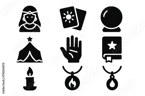 Carnival Mystique Symbols. Solid style icons of Carnival Mystique: fortune teller, tarot cards, crystal orb, mystic tent, palm