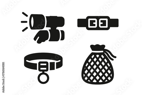 Snorkeling Gear Icons. Solid style icons of snorkeling suit add-ons: light patch glyph, weighted belt icon, mesh bag badge. Dive