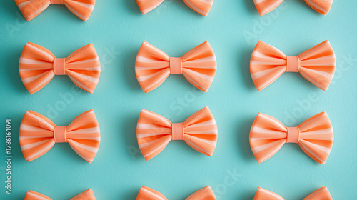 Orange striped bow tie pattern on turquoise background with playful mood