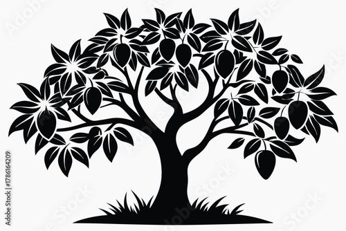 mango tree black and white silhouette on white background