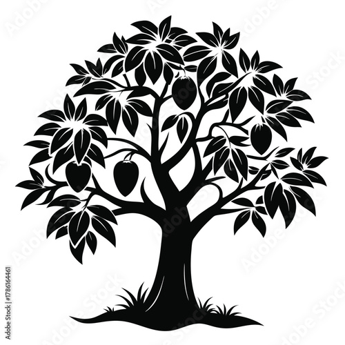 mango tree black and white silhouette on white background