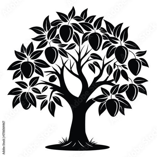 mango tree black and white silhouette on white background