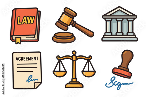 Legal concepts including law book, gavel, and justice symbols. Set of 6 vector illustration