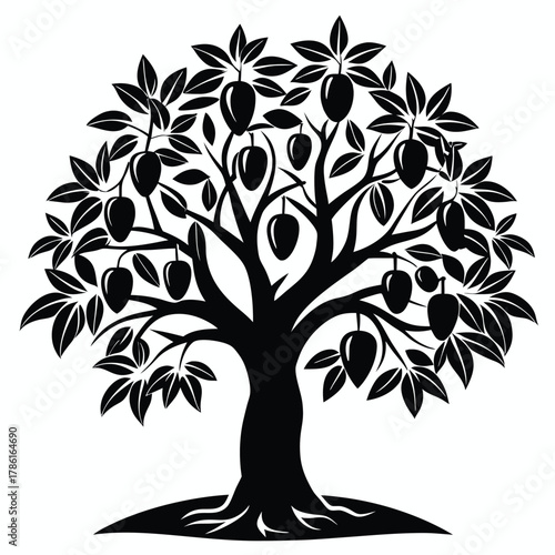 mango tree black and white silhouette on white background