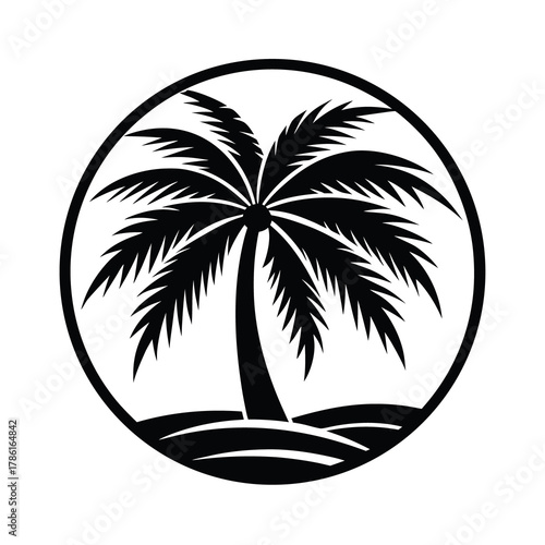 Black silhouette of tropical paradise, palm trees, wave, circle frame