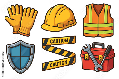 Safety gear for construction and industrial work tasks. Set of 6 vector illustration