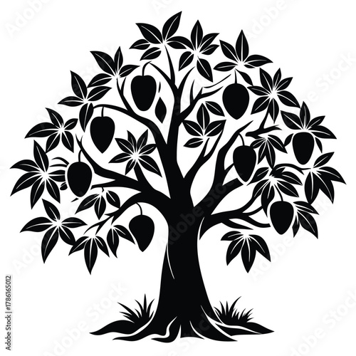 mango tree black and white silhouette on white background