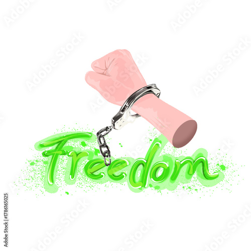 hands with handcuffs and the word freedom written on them