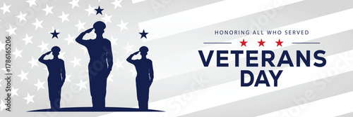 Veterans Day banner with a soldier silhouette saluting, flanked by American flags, set against a background of stars and stripes. Honors veterans and service members who served the USA.