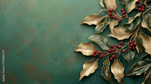 Gold leaves red berries green background festive botanical arrangement