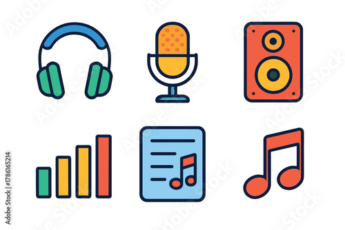 Music and audio icons for digital content creation and design. Set of 6 vector illustration