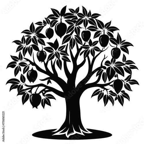 mango tree black and white silhouette on white background