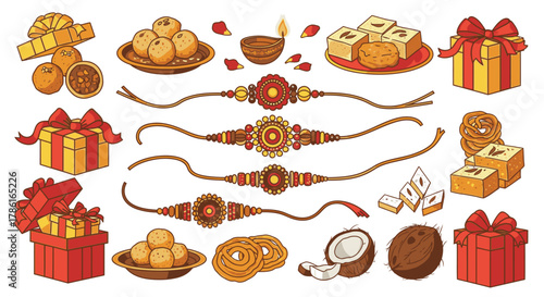 Festive Raksha Bandhan Celebration - Rakhi, Sweets, Gifts, and Coconut.