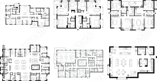 Set of diverse architectural blueprints and house floor plans