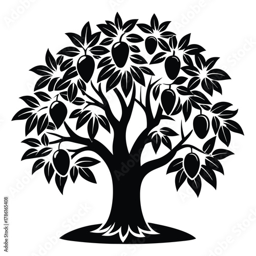 mango tree black and white silhouette on white background