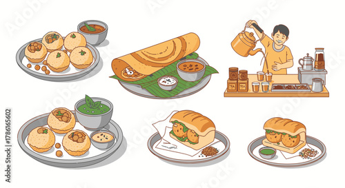 Assortment of Indian Street Food Illustrations with Dosa and Pani Puri.