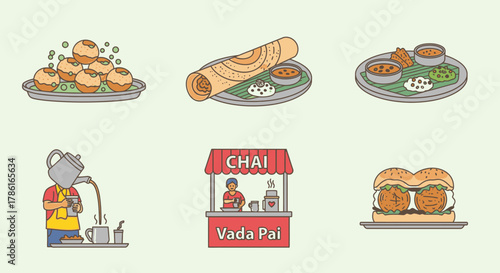 Assortment of Indian Street Food Illustrations.